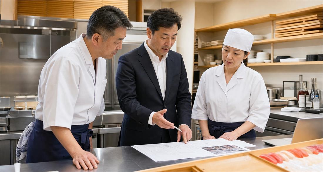 寿司店の厨房で承継計画を確認する経営者とアドバイザー
