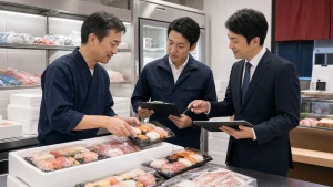 寿司の配送と冷凍加工の現場で事業承継の打ち合わせをしている様子