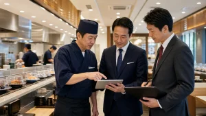 回転寿司店で複数店舗の運営資料を確認している経営者と買い手候補