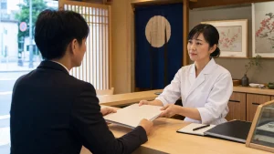 町寿司の店内で女性経営者がアドバイザーと匿名相談をしている様子