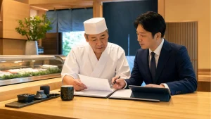 名古屋の寿司店で譲渡企業様とM&Aアドバイザーが事業承継資料を確認している様子