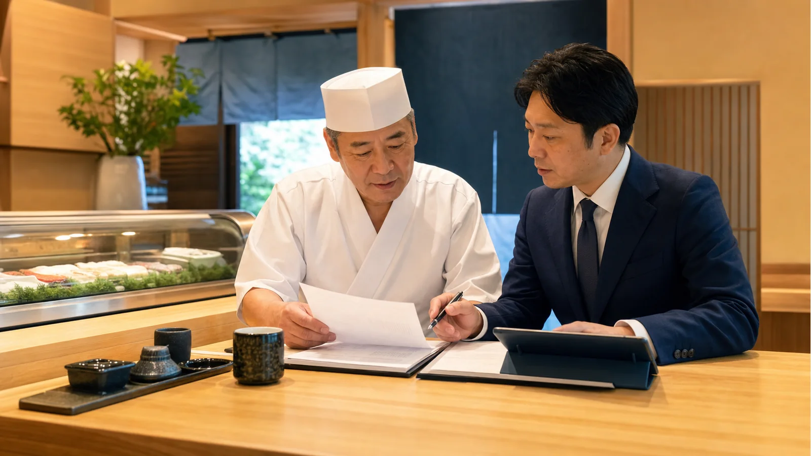 名古屋の寿司店で譲渡企業様とM&Aアドバイザーが事業承継資料を確認している様子