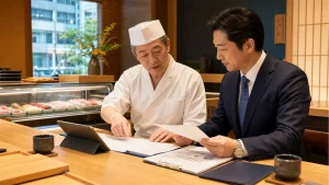 大阪の寿司店で譲渡企業様とM&Aアドバイザーが賃貸借や承継資料を確認している様子