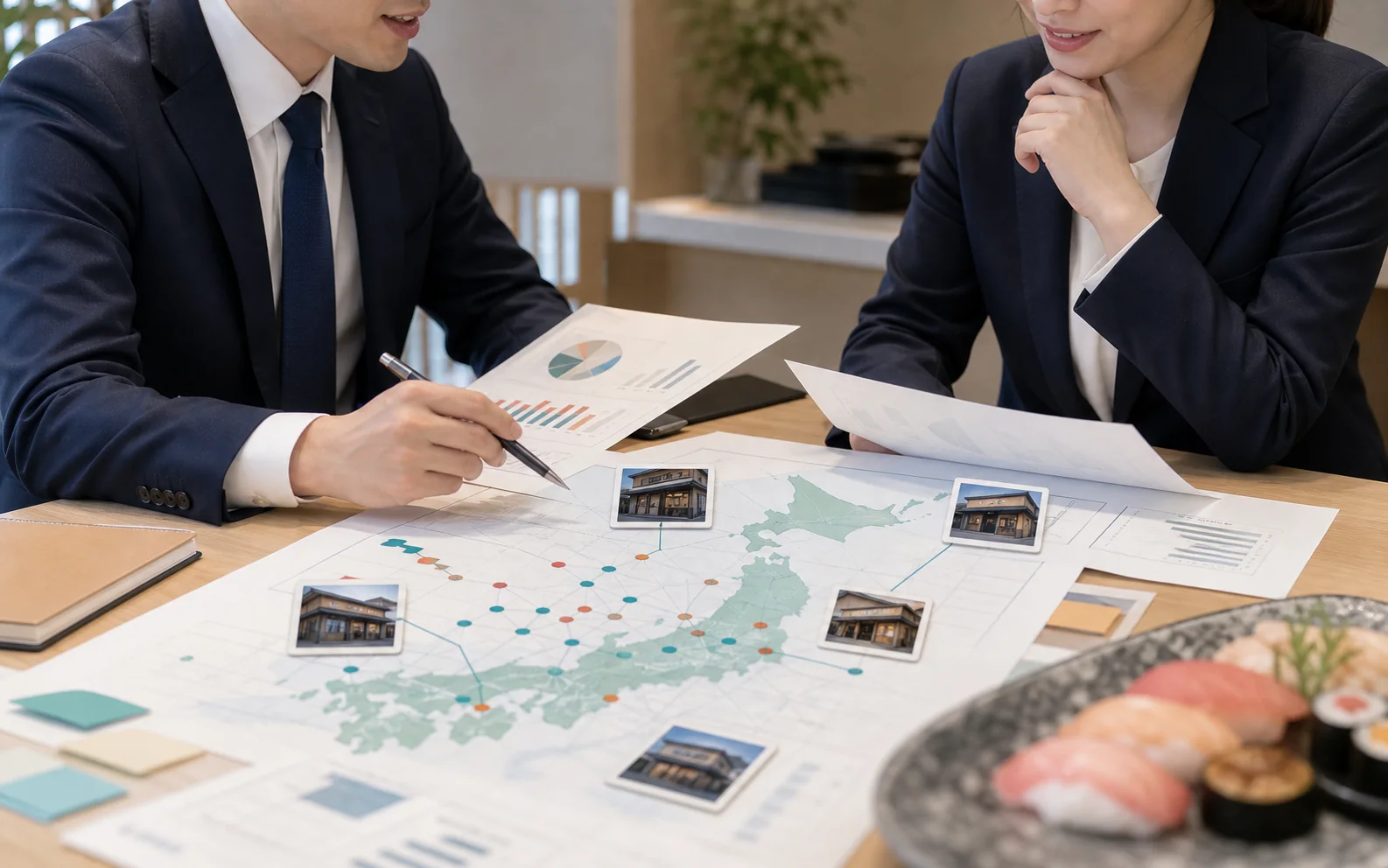 寿司店の買い手候補とエリア戦略を整理している様子