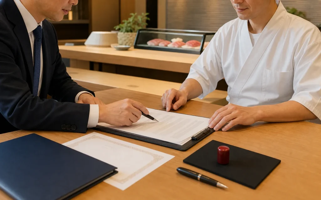 寿司店M&Aの契約と許認可を確認している様子