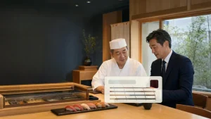東京の寿司店で譲渡企業様とM&Aアドバイザーが承継資料と仕入れ情報を確認している様子