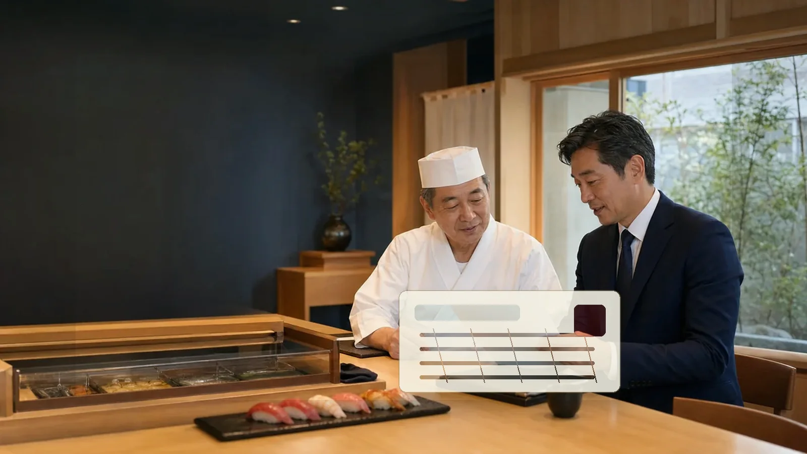 東京の寿司店で譲渡企業様とM&Aアドバイザーが承継資料と仕入れ情報を確認している様子