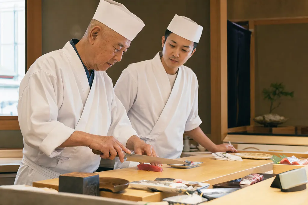 寿司カウンターで先代職人から魚の仕込みを学ぶ若い寿司職人