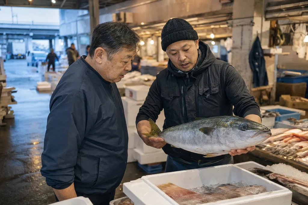 早朝の魚市場で鮮魚を確認する寿司店主と仲卸担当者