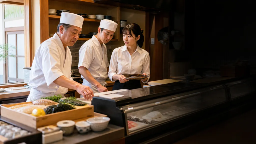 営業前の寿司店で開店準備を進める店主と若手職人と接客スタッフ
